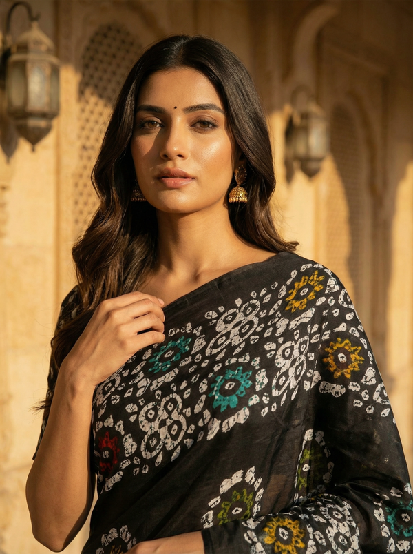 Black Soft Cotton Saree with Multicolor Floral Block Print