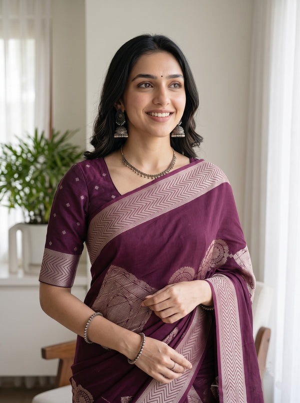 Georgette Wine Rose Gold Geometric Diamond Print Saree with Chevron Border