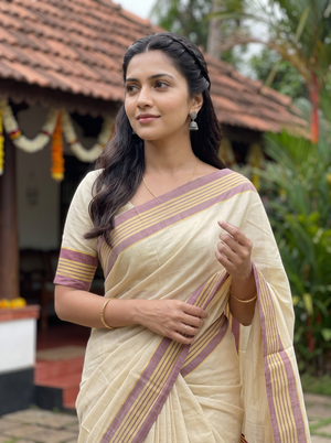 Tissue Cream Golden Striped Border Onam Special Kerala Saree with Tassels