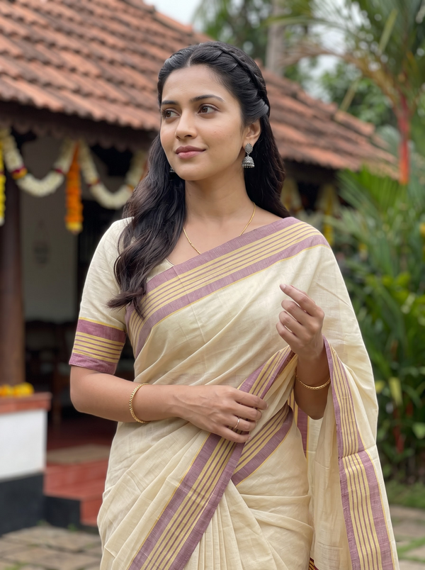 Tissue Cream Golden Striped Border Onam Special Kerala Saree with Tassels