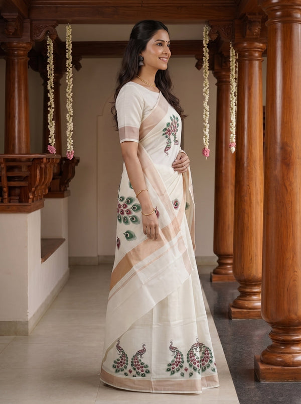 A woman wearing a cream-colored saree with floral and peacock embroidery, standing in a traditional indoor setting with wooden pillars.