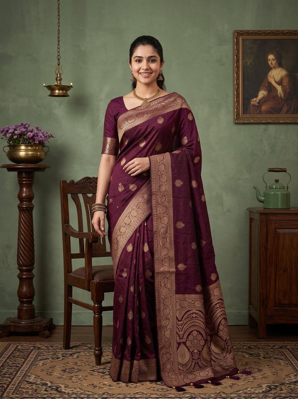 A woman modeling a deep purple silk saree with intricate gold and beige zari patterns and borders, standing in a rustic room with a green wall, wooden furniture, and a framed painting.