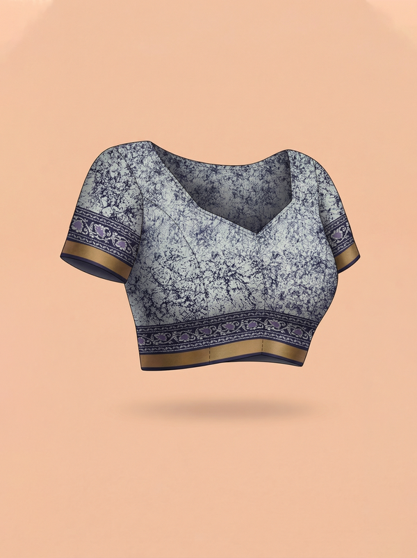 Soft Cotton Navy Blue Batik Print Saree with Zari Floral Border