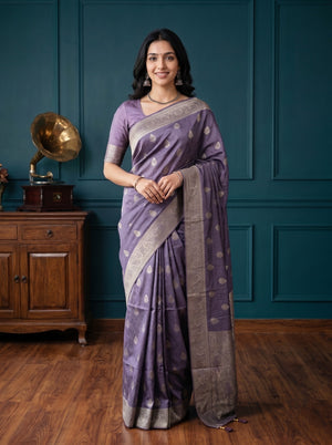 Banarasi Purple Butta Print Saree with Silver Zari Border