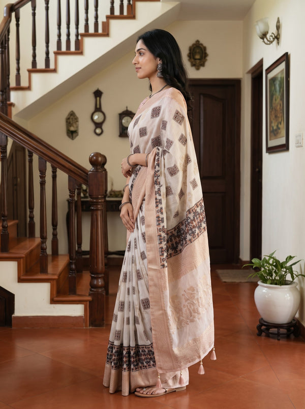 Semi Tussar Off-White Mosaic Print Saree with Peach Border and Tassels