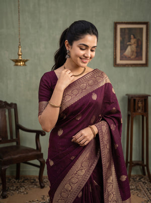 Banarasi Silk Wine Round Motif Saree with Floral Zari Border