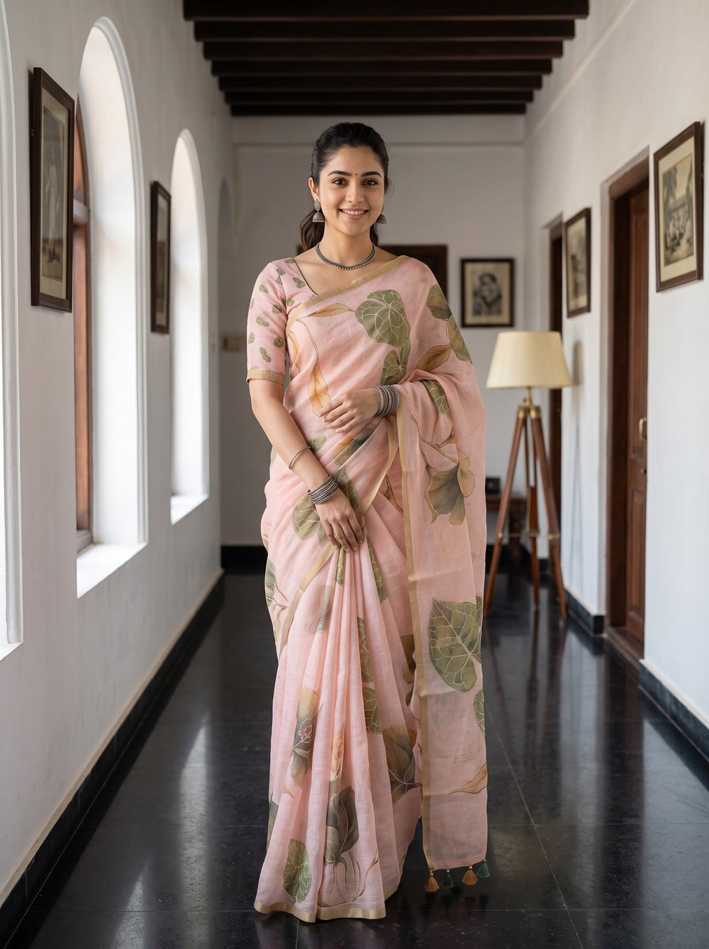 A woman viewed from behind wearing a light pink saree with a green and beige floral print, walking down a hallway with white walls and dark wooden ceiling beams.