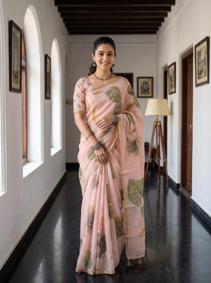 Linen Pink Oversized Leaf Print Saree with Golden Border and Tassels