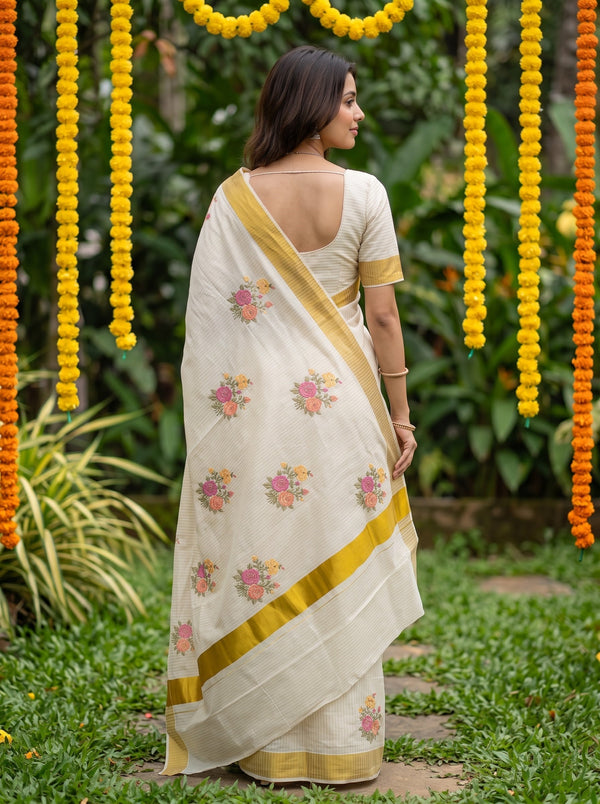 Cotton Cream Pinstripe Multicolor Rose Embroidery Onam Special Kerala Saree with Gold Zari Border