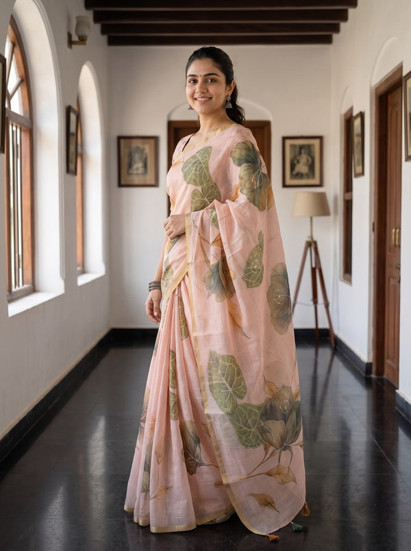 Linen Pink Oversized Leaf Print Saree with Golden Border and Tassels