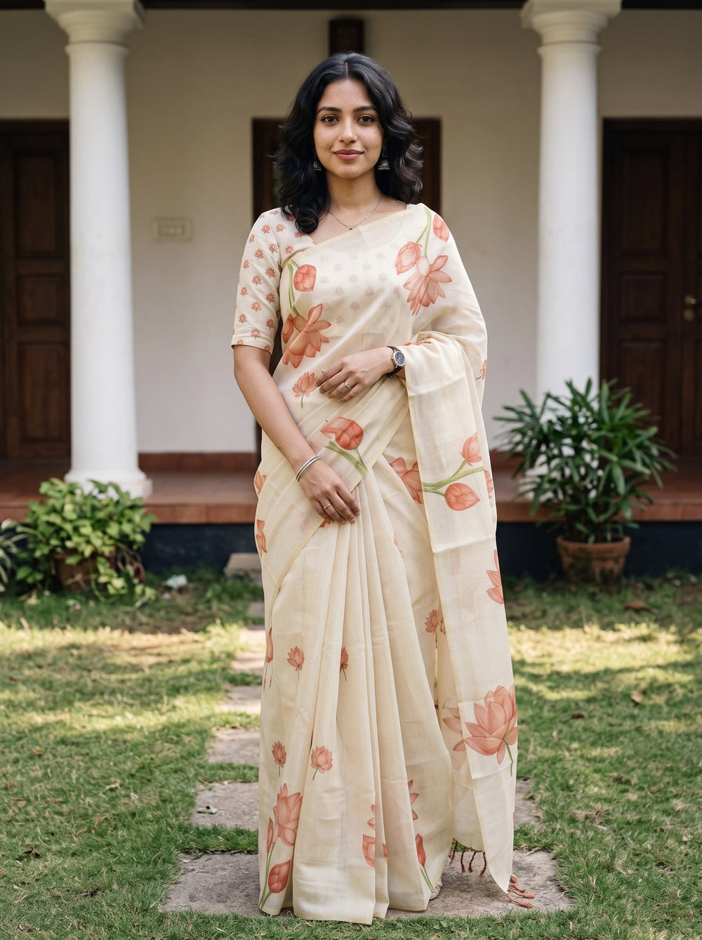 A woman stands outdoors in front of a building with white columns, wearing a cream-colored sari with a detailed print of cherubs, lotus flowers, and a peacock feather, paired with a matching short-sleeve blouse.