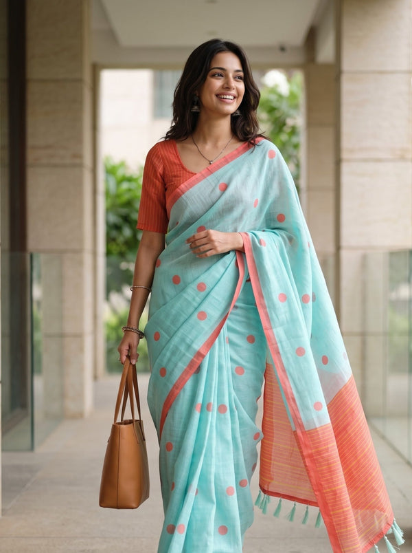 Cotton Mint Green Polka Dot Print Saree, Coral Pinstripe Pallu