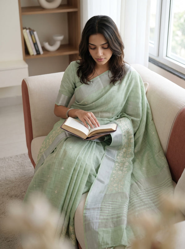 Semi Tussar Sage Green Saree with Cream Floral Vine Border