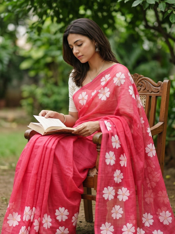 Cotton Linen Saree in Pink with Scattered White Daisy Trim and Pink Tassels