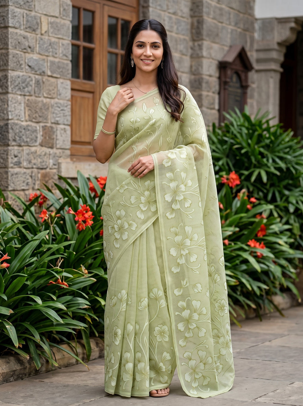 Net Kota Olive Green Self-Tone Floral Vine Saree