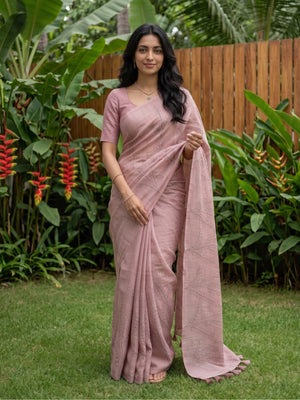 Linen Saree in Dusty Pink with Embroidered Fern Leaf Vine Design