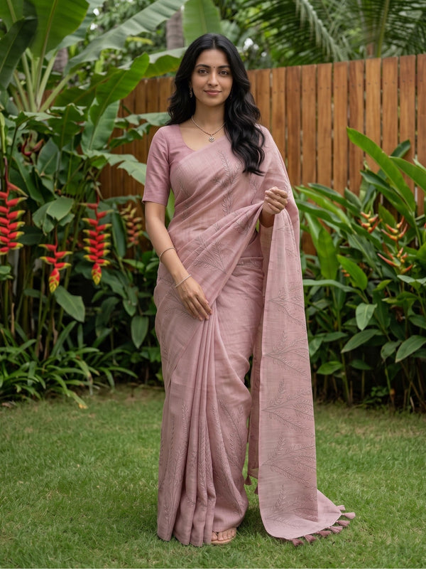 Linen Saree in Dusty Pink with Embroidered Fern Leaf Vine Design