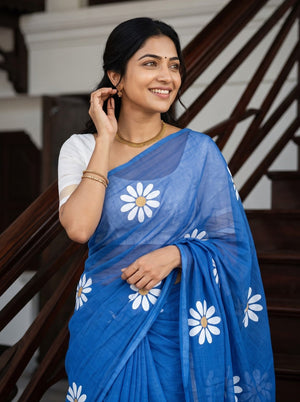 Cotton Blue Saree with White Daisy Flower Print