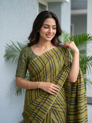 Cotton Olive Green Saree with Teal Horizontal Stripe Print
