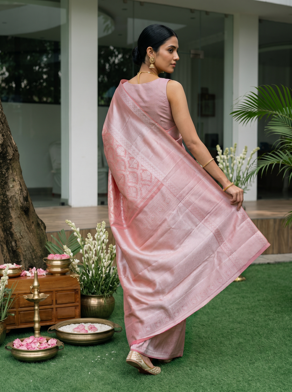 Kanjivaram Tissue Silk Peach Pink Saree with All-Over Floral Jaal Weave & Wide Border