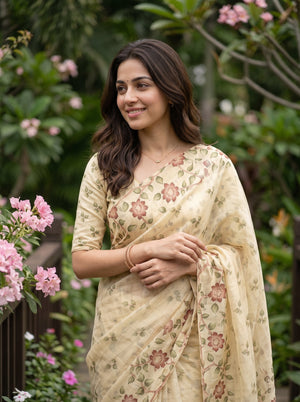 Linen Pale Yellow Floral Trail Border Saree