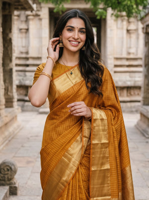 Pure Silk Mustard Orange Saree with Golden Zari Checks and Wide Zari Border Pallu
