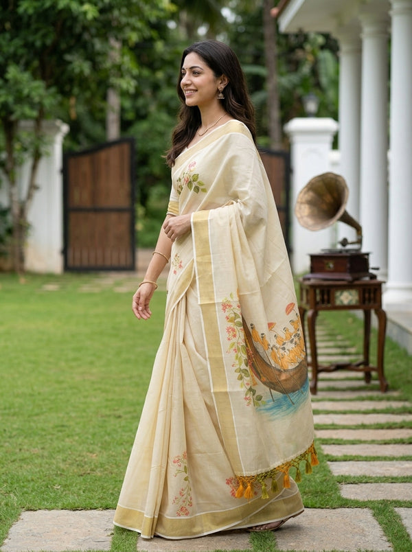 Tissue Cream Floral And vallam Kali Print Pallu Set Saree