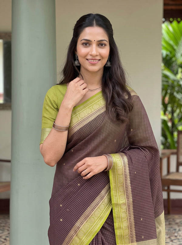 Semi Chanderi Silk Maroon Checkered Gold Zari Border Saree