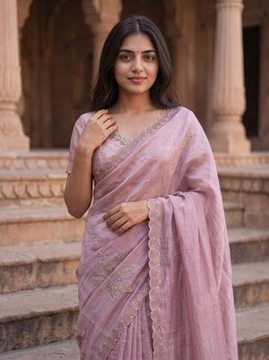 Banarasi Mauve Scalloped Border Leaf Embroidery Saree