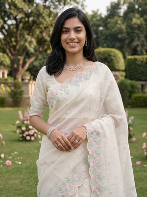 Organza Off White Pastel Rose Embroidered Scalloped Border Saree