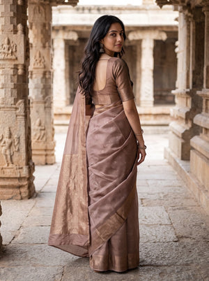 Tussar Silk Brown Saree with Zari Checks and Butta Pallu