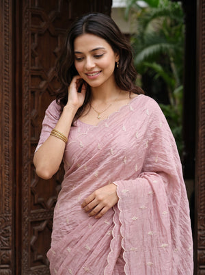 Organza Mauve Pink Golden Floral Applique Border Saree