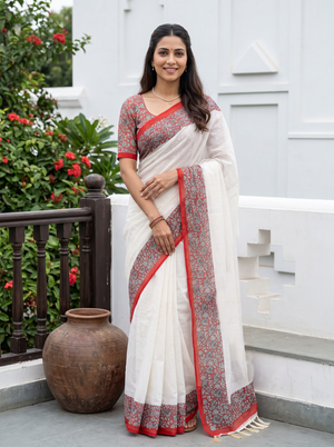 Cotton White Saree with Red Kalamkari Floral Border