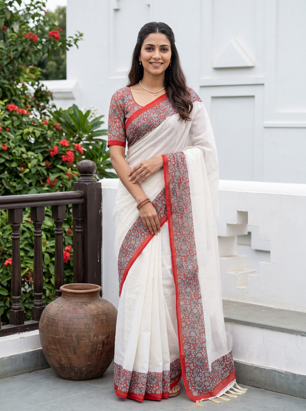 Cotton White Saree with Red Kalamkari Floral Border