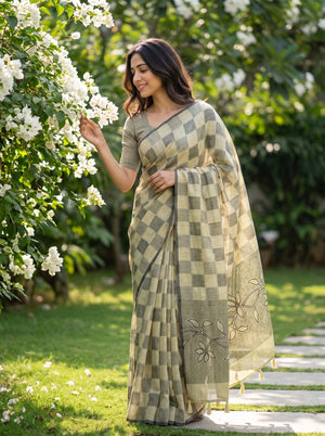 Linen Olive Khaki Checkerboard Weave Saree with Floral Border and Tassels