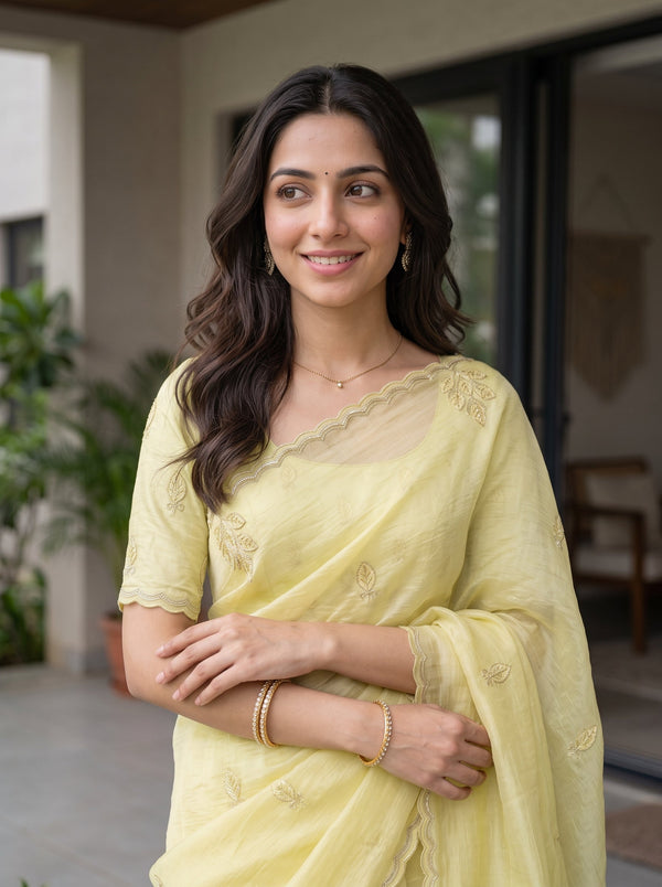 Organza Lemon Yellow Golden Bead Leaf Butta Zari Work Scalloped Border Saree