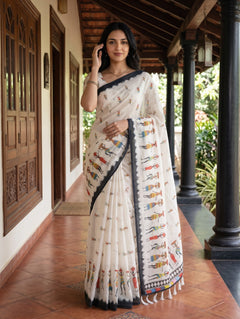Cotton Saree in White with Ethnic Tribal Figure Motif