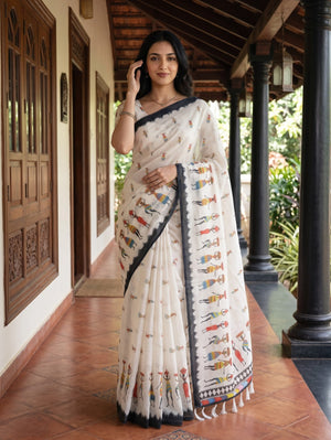 Cotton Saree in White with Ethnic Tribal Figure Motif