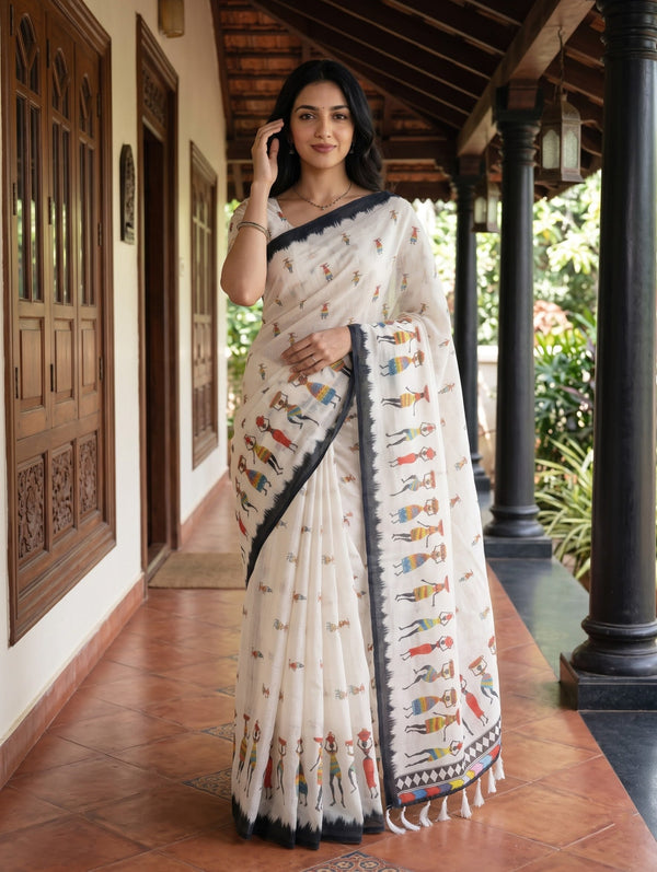 Cotton Saree in White with Ethnic Tribal Figure Motif