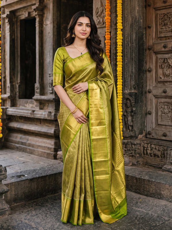 Brocade Silk Olive Green Saree with Golden Zari Brocade Pallu and Wide Border