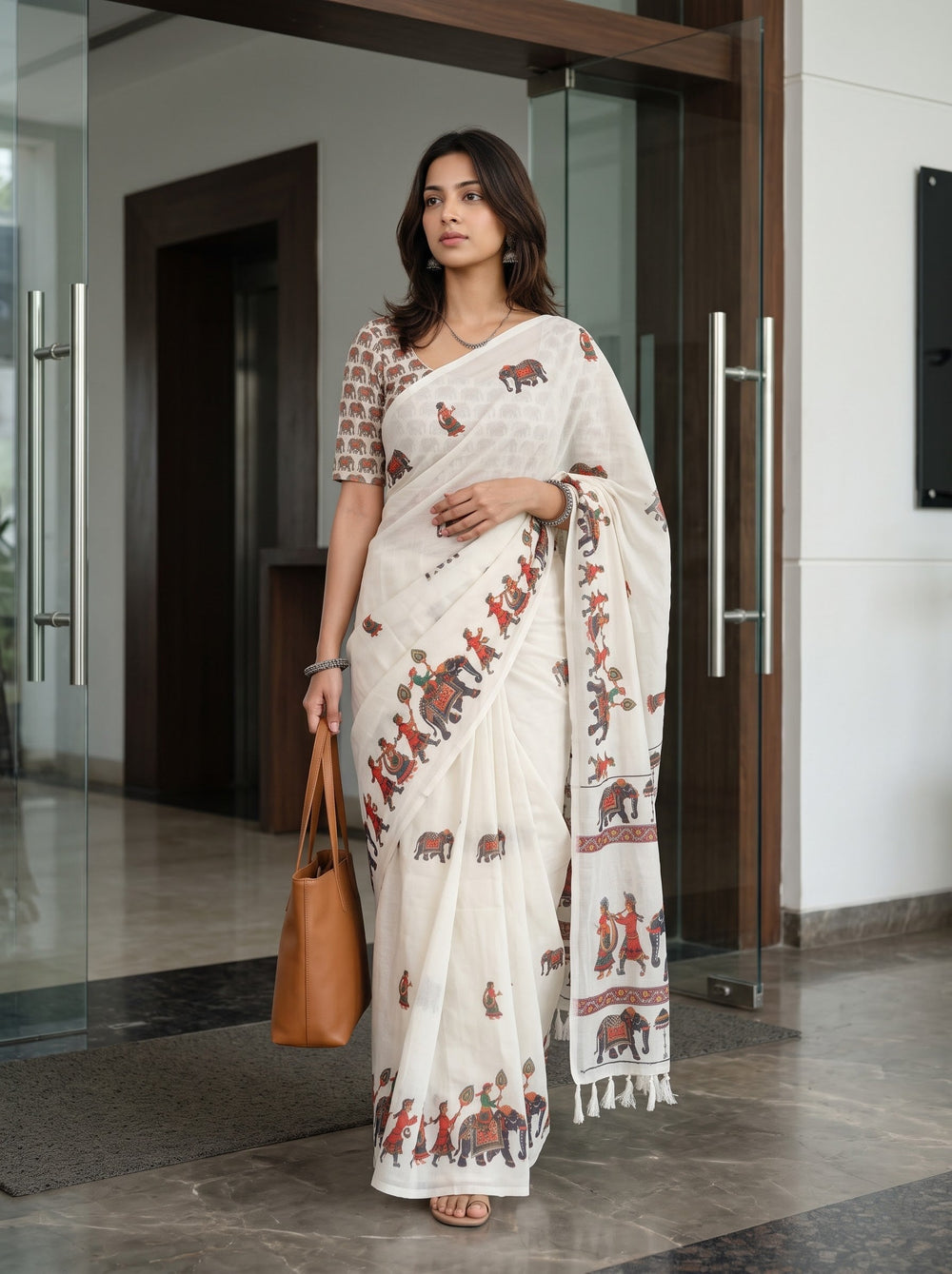 Cotton White Saree with Royal Elephant Procession Print