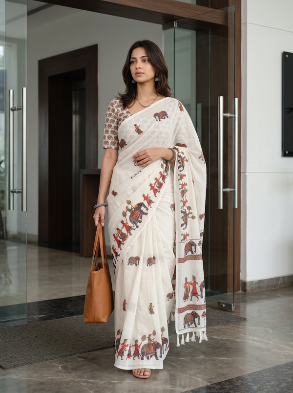 Cotton White Saree with Royal Elephant Procession Print