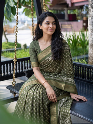 Chanderi Silk Olive Green Floral Booti Print Saree with Golden Zari Border