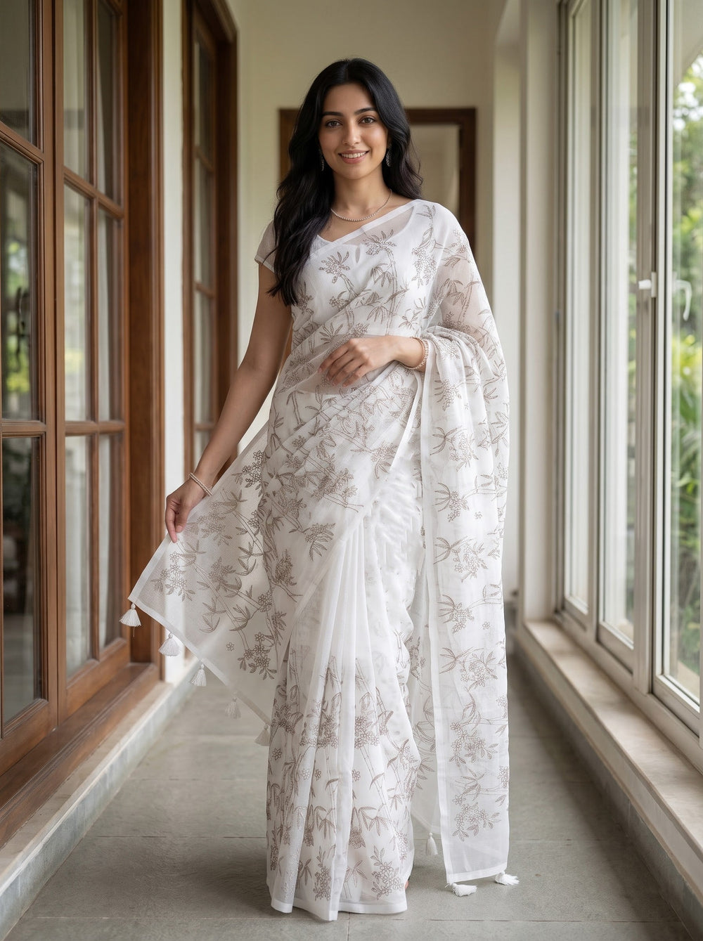 Net Kota Off-White Saree with Taupe Floral Vine Design