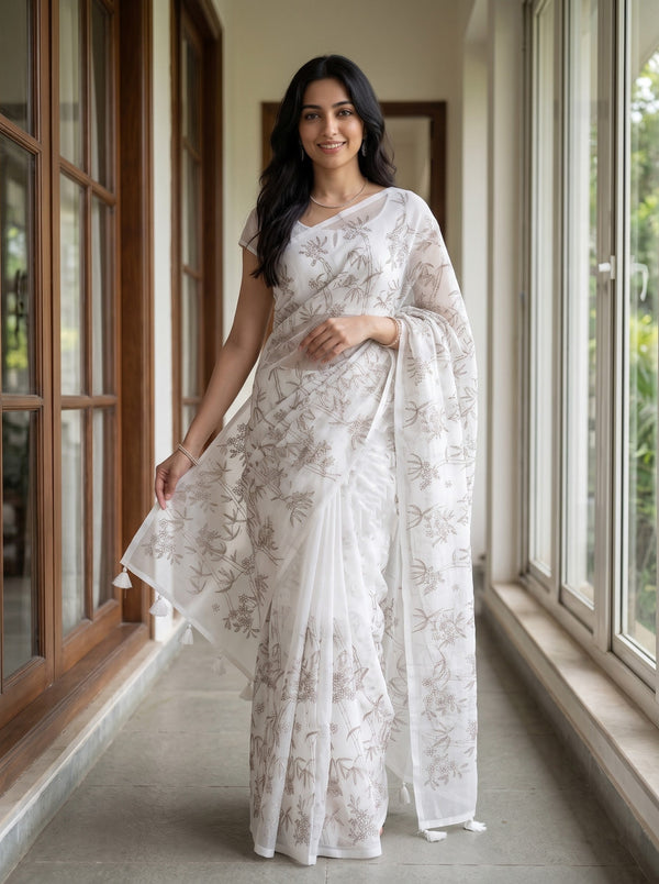 Net Kota Off-White Saree with Taupe Floral Vine Design