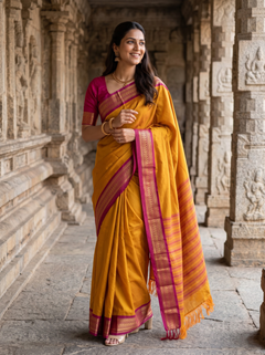 Semi Silk Mustard Yellow Golden Pinstripe Saree with Magenta Zari Border