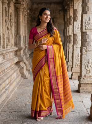 Semi Silk Mustard Yellow Golden Pinstripe Saree with Magenta Zari Border