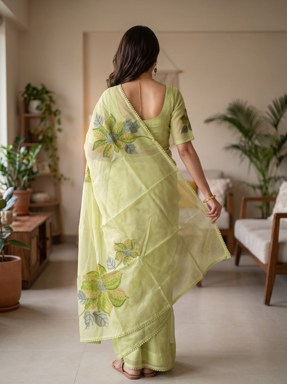 Net Kota Pista Green Saree with Beaded Floral Applique Pallu and Picot Lace Edge