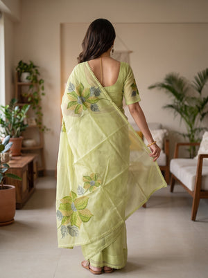 Net Kota Pista Green Saree with Beaded Floral Applique Pallu and Picot Lace Edge