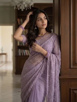 Organza Mauve Saree Self-Tone Vine Design with Sequin Work
